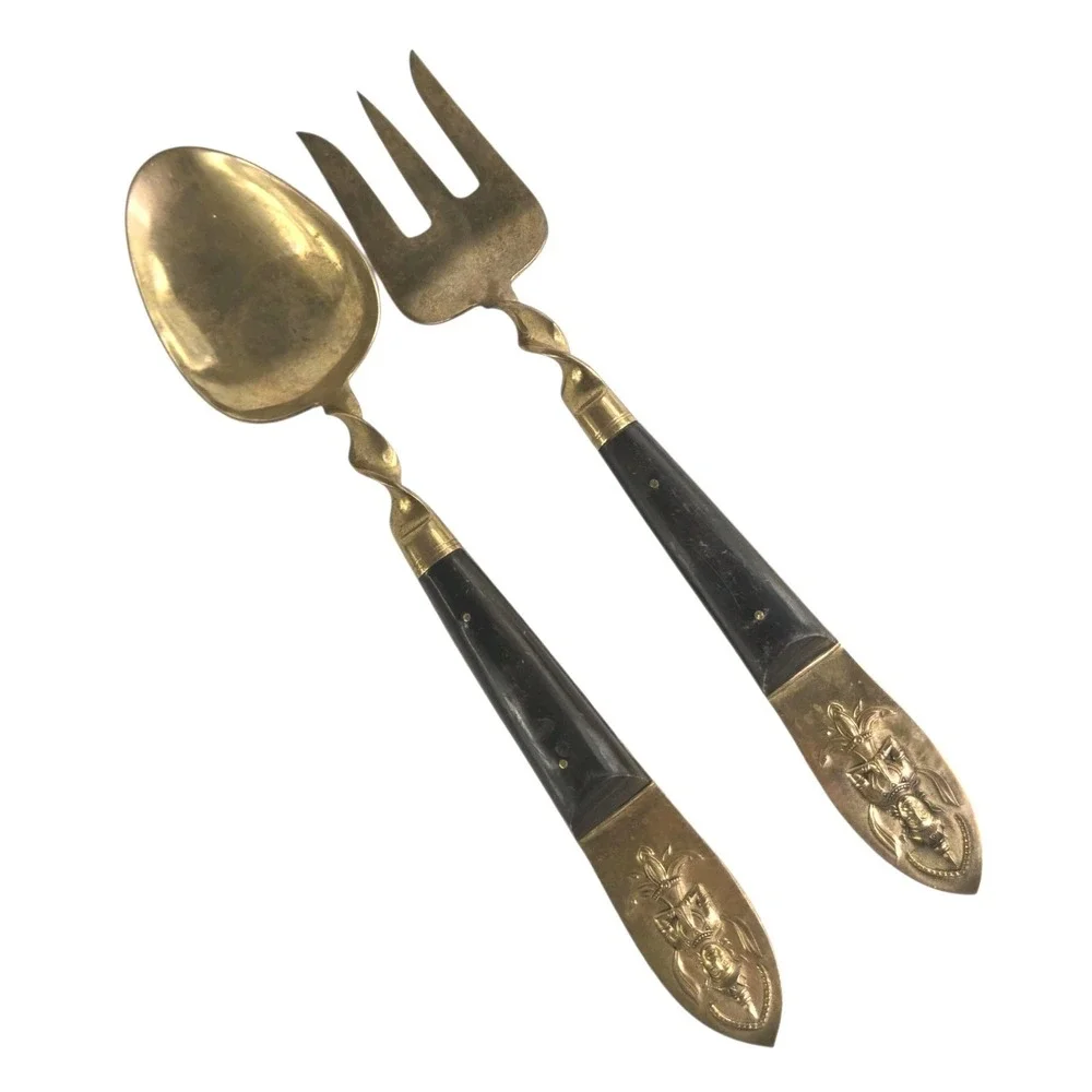 SBF Siam 2 Piece Salad‎ Serving Utensil Set Brass Fork Spoon Horn Handle 11